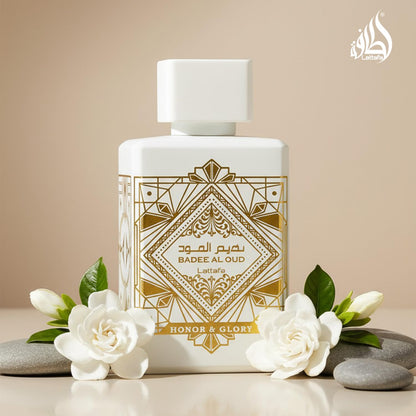 Lattafa Bade'e Al Oud Honor & Glory - Eau de Parfum de larga duración unisex, 3.40 onzas (100ml)