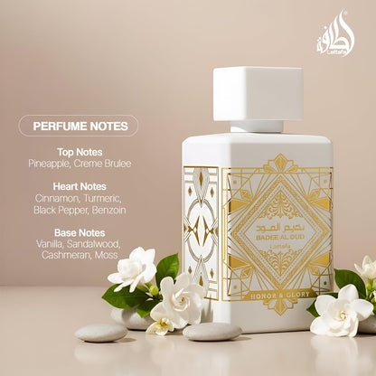 Lattafa Bade'e Al Oud Honor & Glory - Eau de Parfum de larga duración unisex, 3.40 onzas (100ml)